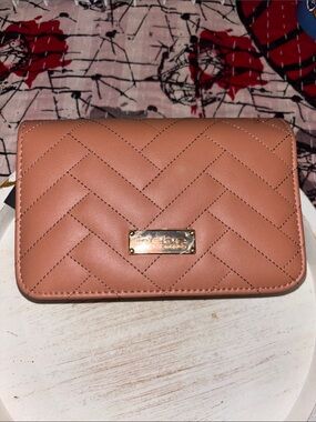 bebe Quilted Peach Crossbody Wallet with Gold Plaque